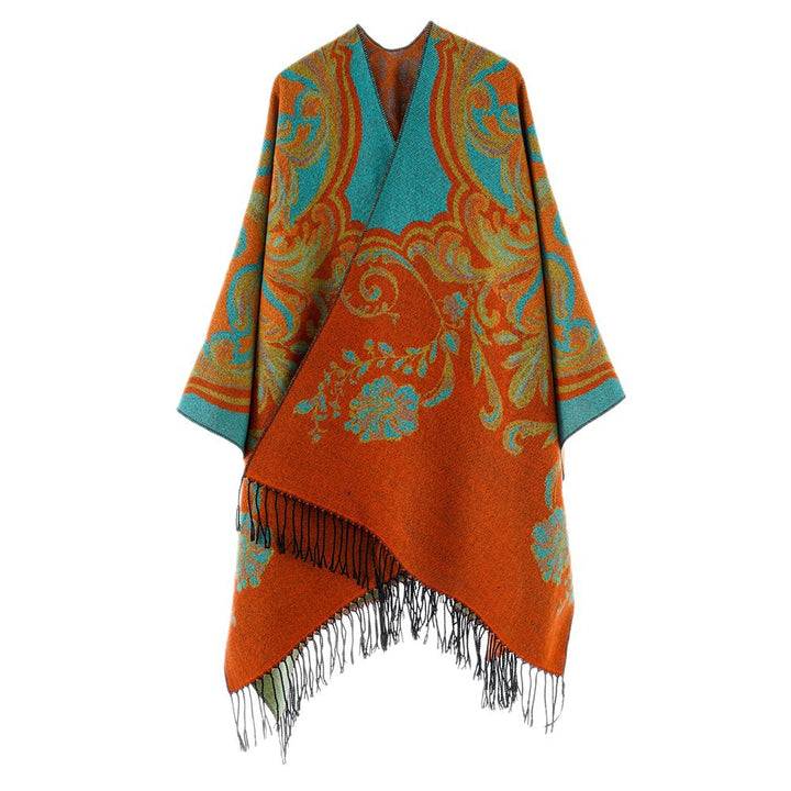 Damen Barock‑Jacquard Cape mit asymmetrischem Zipfelsaum und Fransen – Avérine