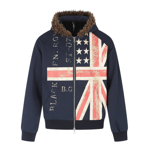 Herren Kapuzenjacke mit Kunstfellbesatz, Reißverschluss und Vintage‑Flaggenprint Echoarchiv