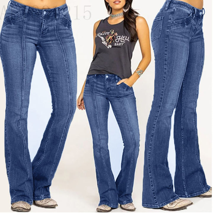 Damen nan weite Schlagjeans mit hochgeschnittener Taille, figurbetontem Hüftschnitt und elastischem Denim Echo Archiv