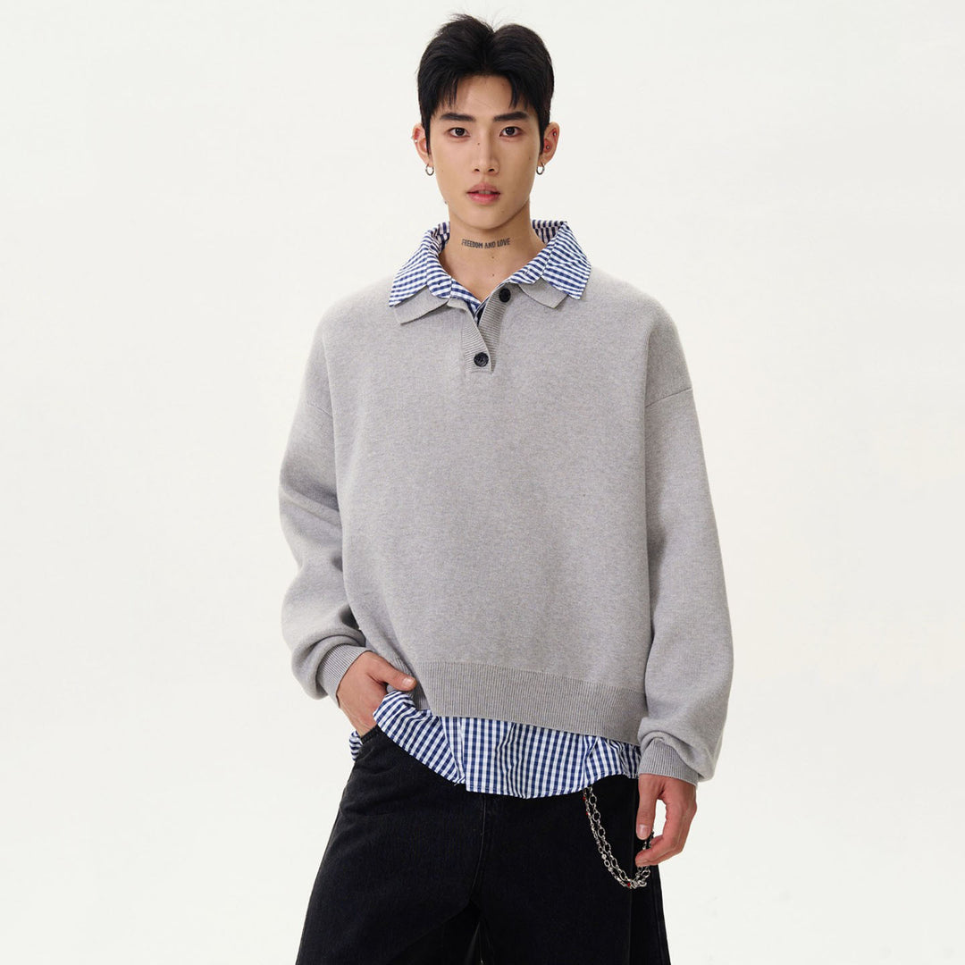 Herren Modischer Grobstrickpullover mit Hemdkragen und Knopfleiste Echoarchiv