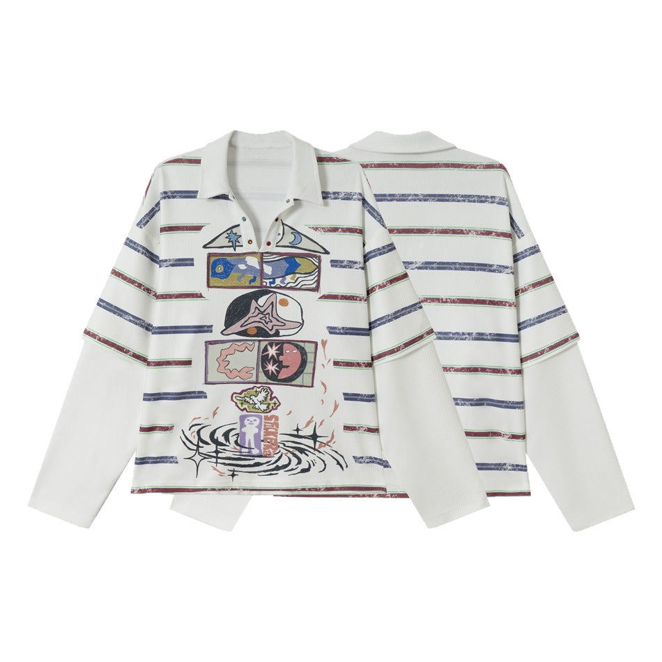 Damen Waffel-Polo-Shirt mit Grafik-Print, Streifen und halber Druckknopfleiste Echoarchiv