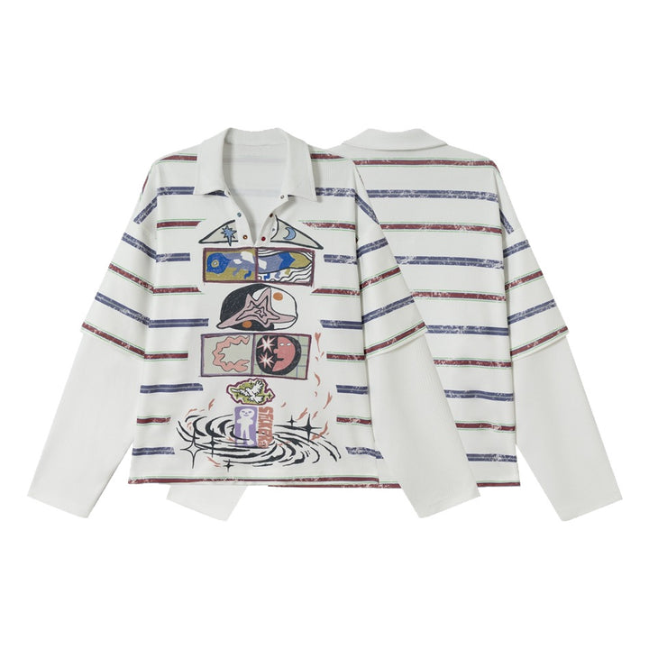 Damen Waffel-Polo-Shirt mit Grafik-Print, Streifen und halber Druckknopfleiste Echoarchiv
