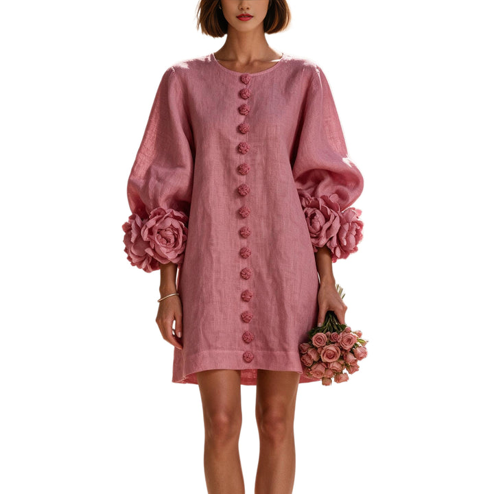 Damen Kurzkleid aus Leinen mit voluminösen Ballonärmeln und 3D-Blumenmanschetten Echoarchiv