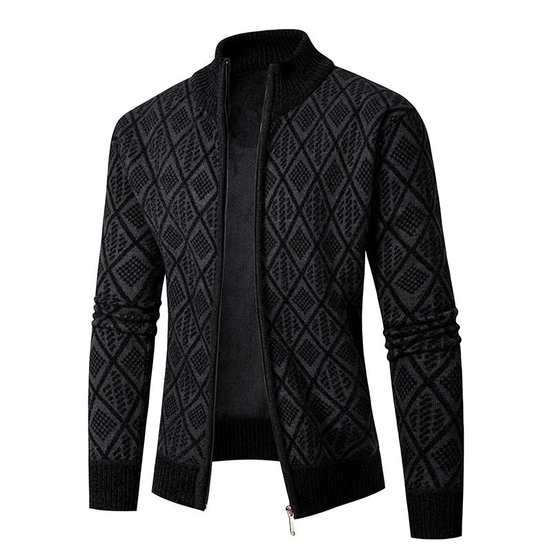 Herren Strickzipjacke mit Diamantjacquard, Stehkragen und Zweiwege-Reißverschluss Echo Archiv