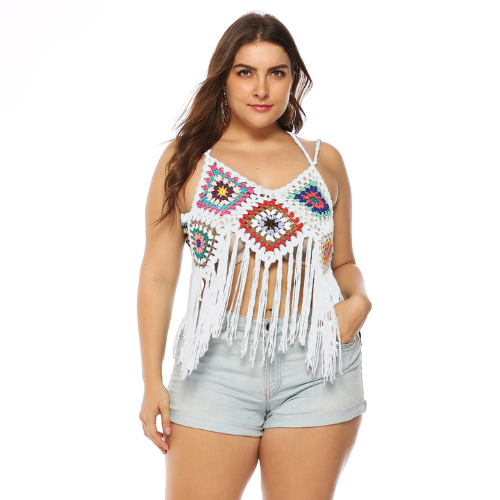 Damen gehäkeltes Crop-Top mit buntem Fransen-Design Echo Archiv