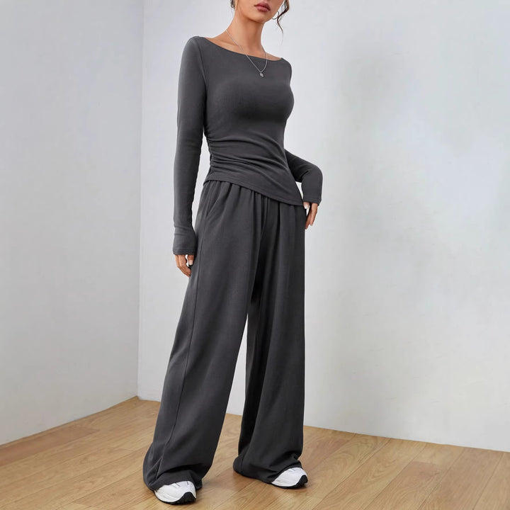 Damen Lässiges Two‑Piece Lounge‑Set mit U‑Boot‑Ausschnitt, taillierter Drapierung und weitem Palazzohose Echo Archiv