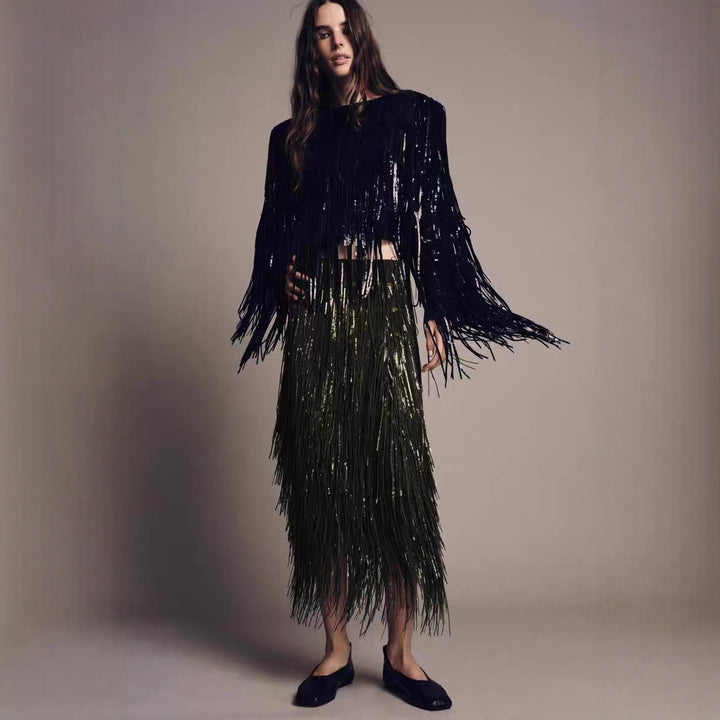 Damen Fransenrock aus schimmerndem Material mit eleganten Details Echo Archiv