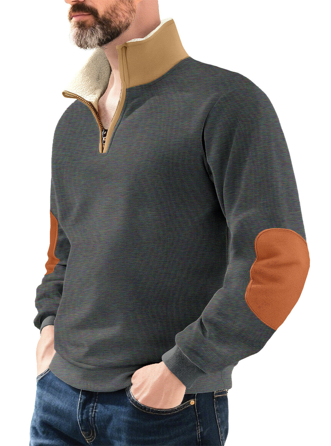 Herren Mikrofleece-Pullover mit Stehkragen und kontrastierenden Ellbogen-Patches Echoarchiv