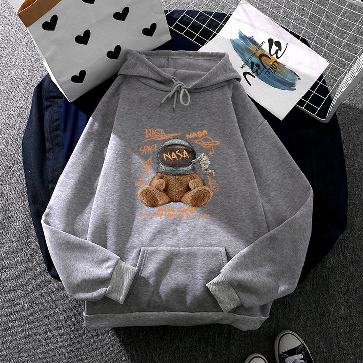 Damen lässiger Hoodie mit Astronauten‑Teddy‑Print, Kängurutasche und weichem Fleece-Innenfutter – Auréline