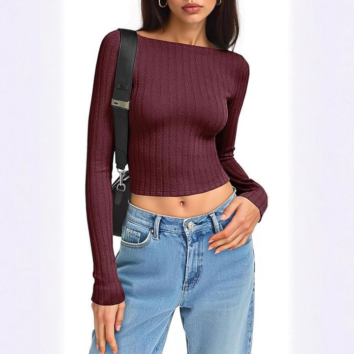 Damen Tailliertes Ripp-Cropped-Longsleeve mit U-Boot-Ausschnitt und Stretch-Baumwollmix Echo Archiv