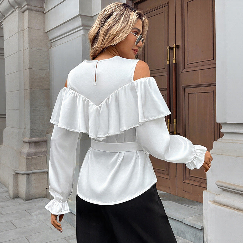 Damen Elegant-Volant-Bluse mit Cut-Out-Schulter und Bindegürtel Echoarchiv