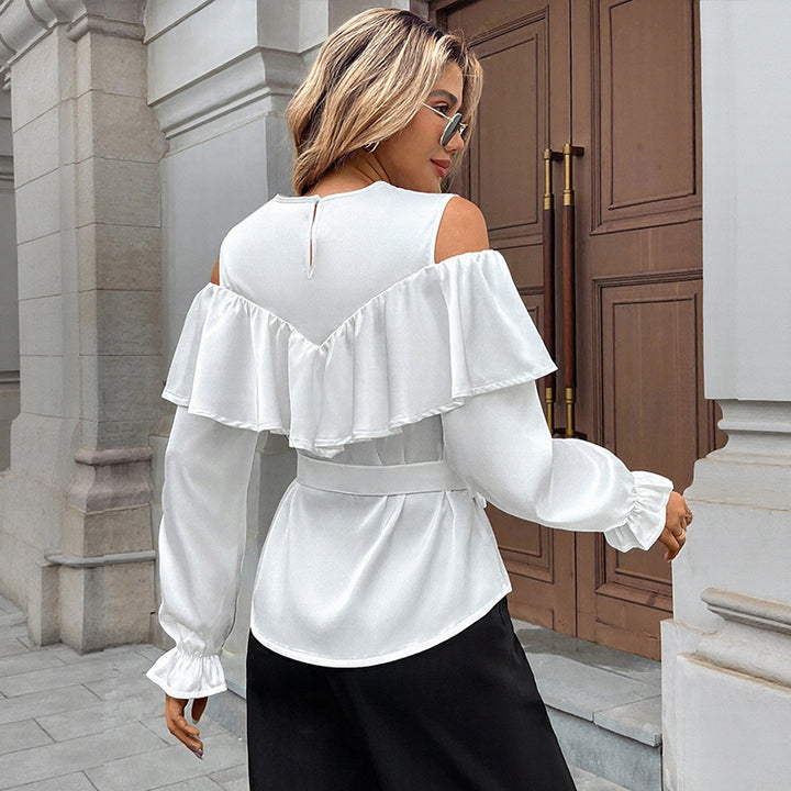 Damen Elegant-Volant-Bluse mit Cut-Out-Schulter und Bindegürtel Echoarchiv