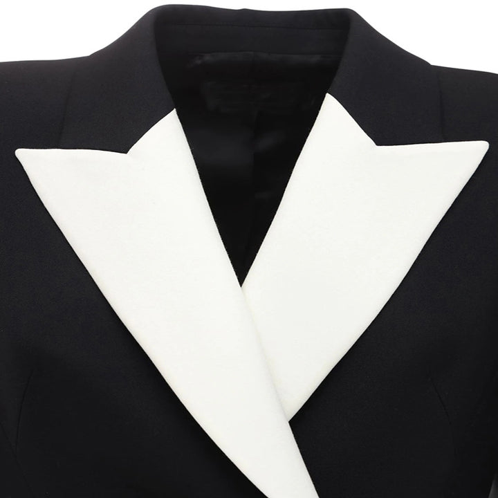 Damen tailliertes Blazerkleid‑Mantel mit kontrastierendem Schalkragen und ausgestelltem Rockteil Echoarchiv