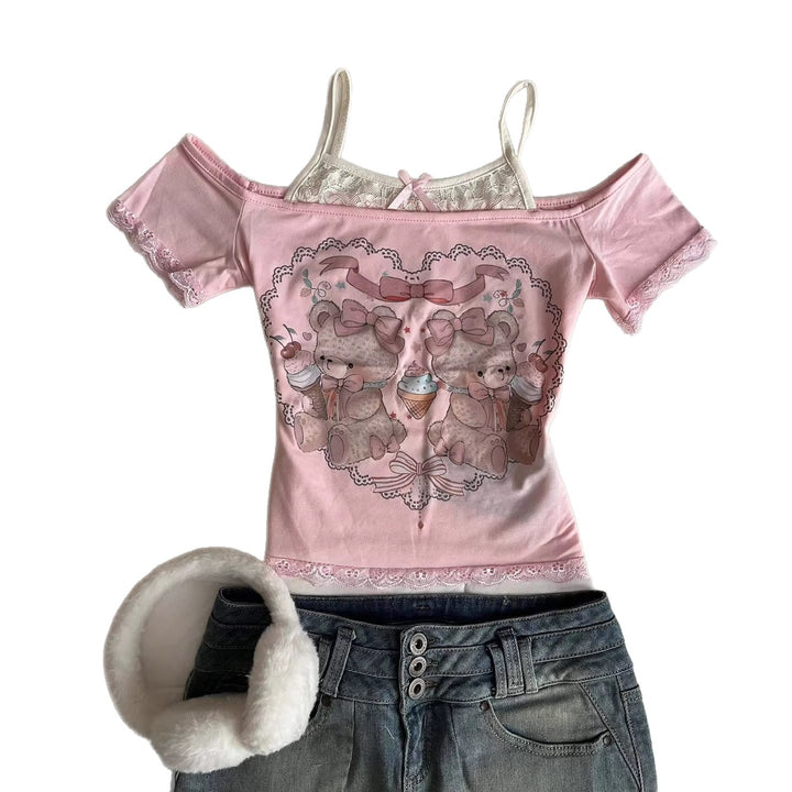 Damen Verspieltes T-Shirt mit Spitzenapplikationen und süßem Bärenmotiv Echo Archiv