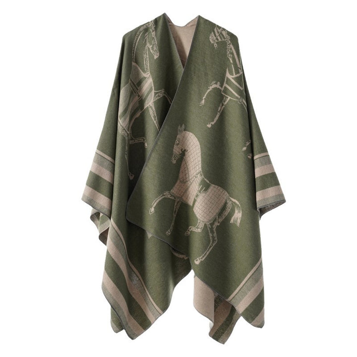 Damen Jacquard-Poncho-Überwurf mit Pferde-Motiv und kastiger Kimono-Silhouette – Célinea