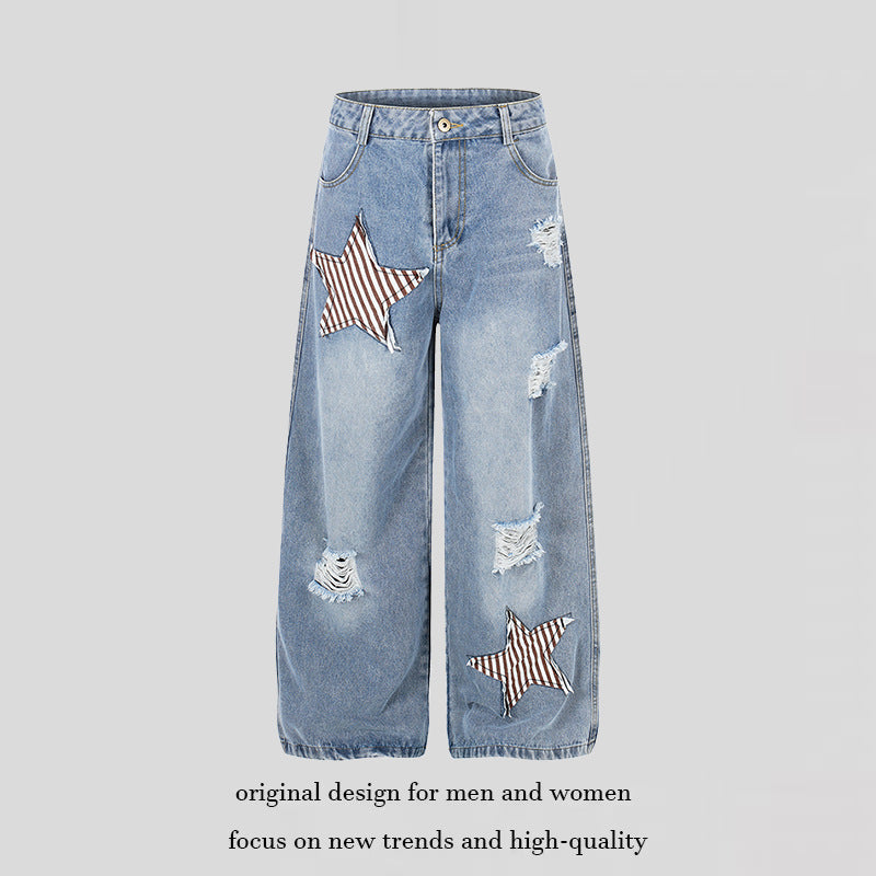 Damen weite hochgeschnittene Jeans mit Stern-Applikationen und Destroy-Effekt Echoarchiv