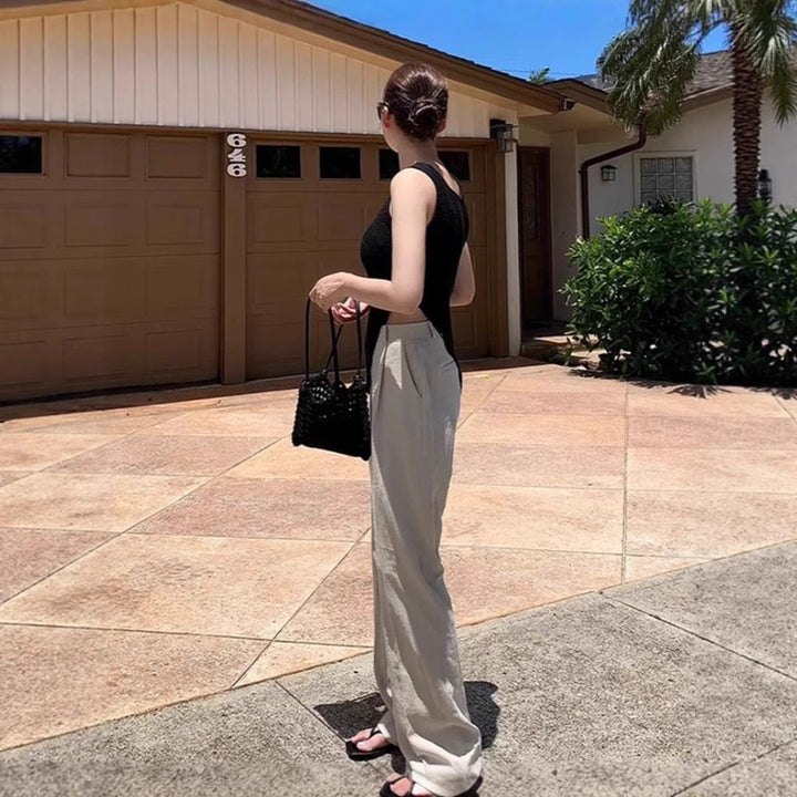 Damen Weite Leinenmix-Hose mit hoher Taille, Bügelfalte und Eingrifftaschen Echoarchiv