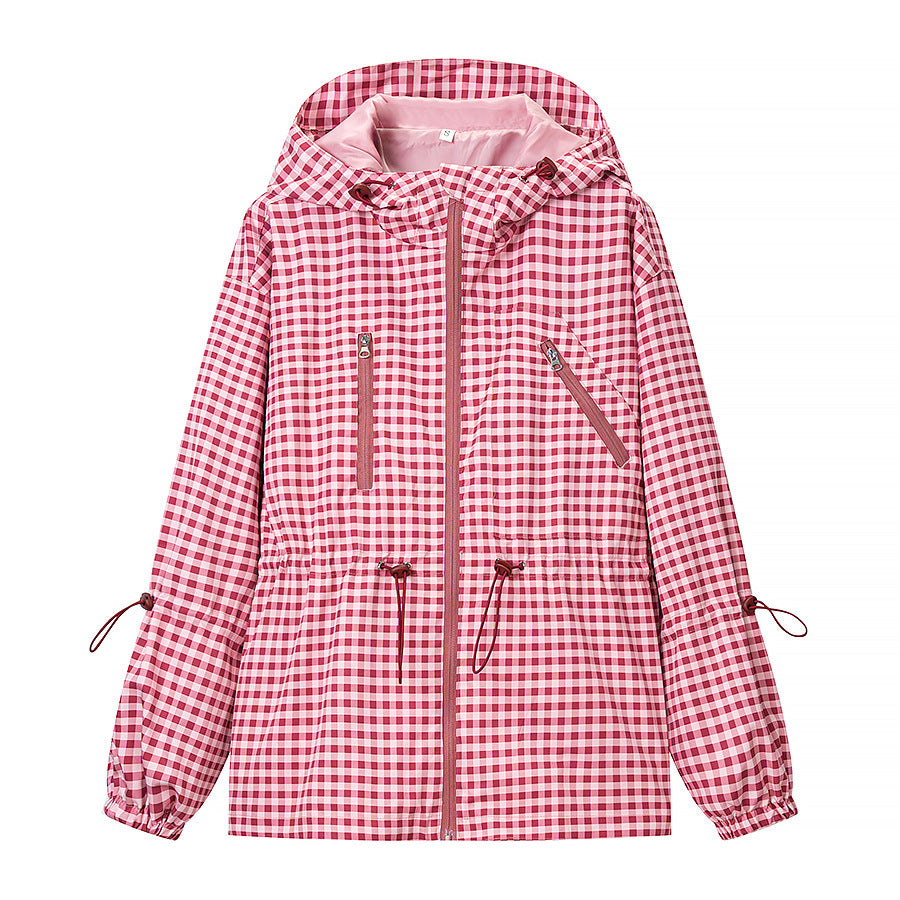 Damen 20+ leichte karierte Kapuzenjacke mit Tunnelzug, Reißverschluss und funktionalen Taschen Echo Archiv