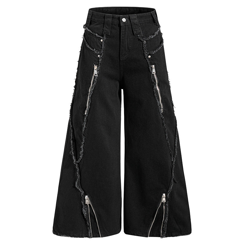 Damen weite Denim-Culotte mit Fransen-Details und Zipper-Akzenten Echoarchiv