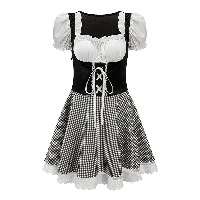 Damen nan tailliertes Trachtenkleid mit geschnürter Miederfront und karierter Rockpartie Echo Archiv