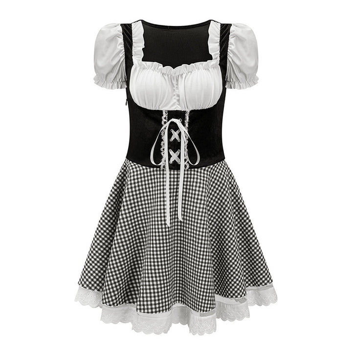 Damen nan tailliertes Trachtenkleid mit geschnürter Miederfront und karierter Rockpartie Echo Archiv