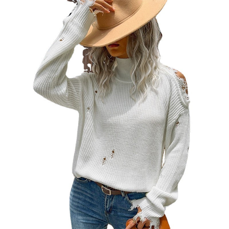 Damen Oversize Strickpullover im Destroyed-Look mit Rollkragen und Cut-Out-Schultern Echoarchiv