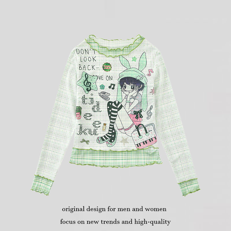 Damen Transparentes Mesh-Langarmshirt mit Manga-Print, Rüschensaum und Karomanschetten Echoarchiv