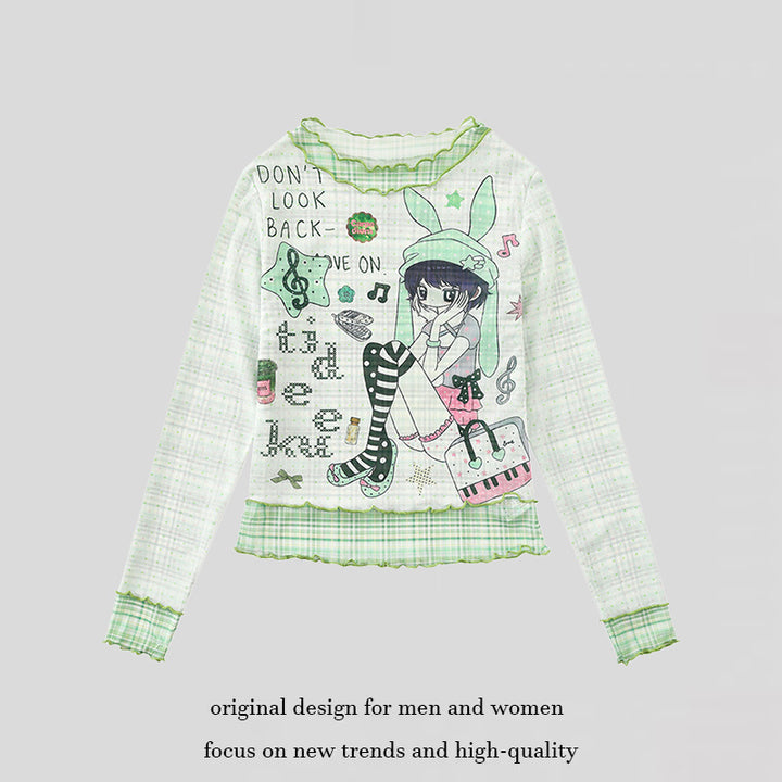 Damen Transparentes Mesh-Langarmshirt mit Manga-Print, Rüschensaum und Karomanschetten Echoarchiv