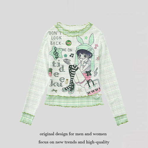 Damen Transparentes Mesh-Langarmshirt mit Manga-Print, Rüschensaum und Karomanschetten Echoarchiv