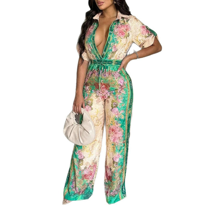 Damen Satin-Jumpsuit mit Hemdkragen, tiefem V-Ausschnitt und weitem Palazzobein – Solévia