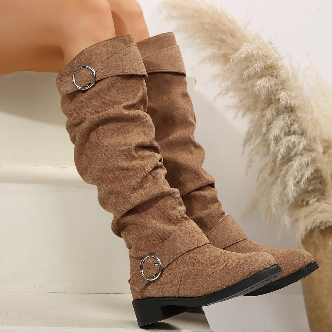 Damen Slouch-Stiefel mit verstellbaren Zier-Schnallen und Veloursoptik Schaft Echo Archiv
