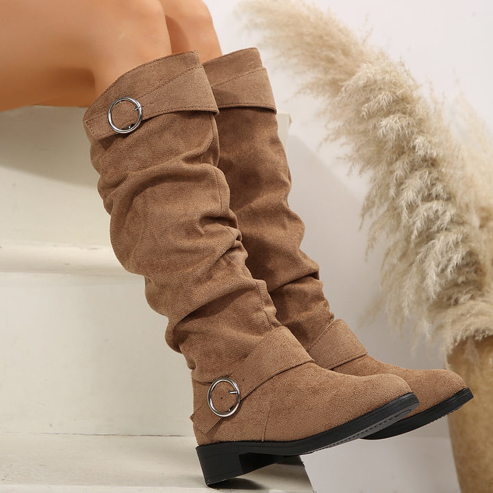 Damen Slouch-Stiefel mit verstellbaren Zier-Schnallen und Veloursoptik Schaft Echo Archiv