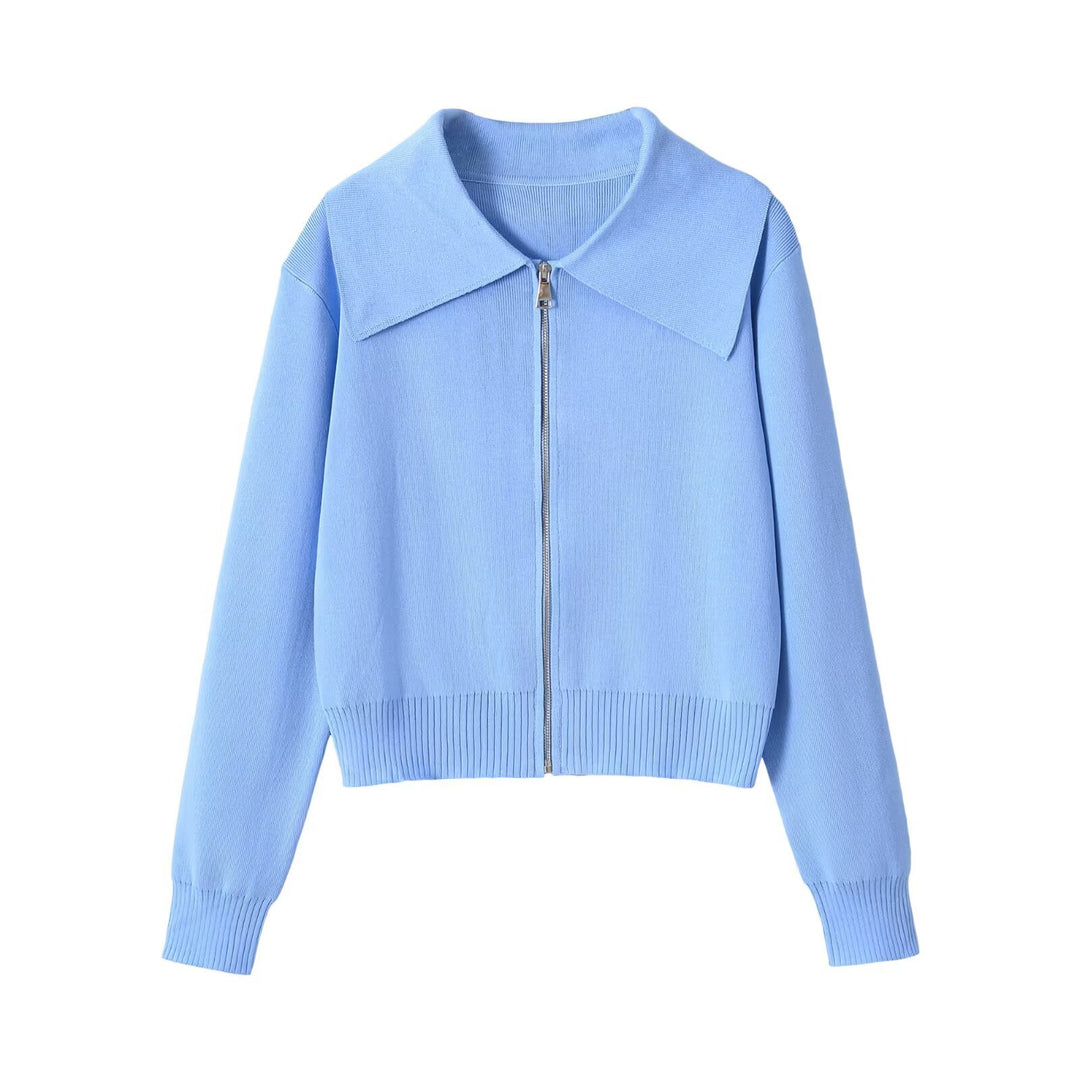 Damen Kurzgeschnittene Strickjacke mit breitem Reverskragen und Reißverschluss Echo Archiv