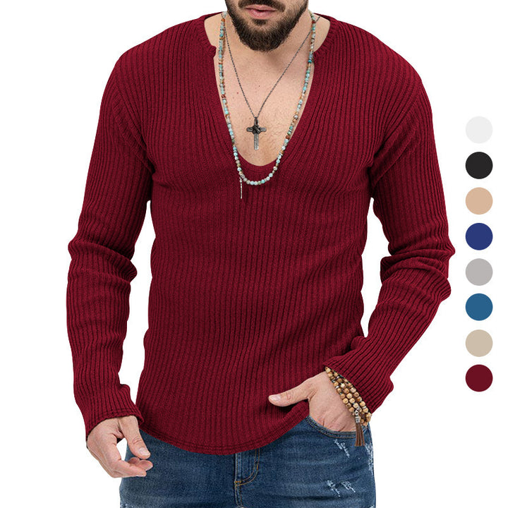 Herren Langarm-Rippenpullover mit tiefem V-Ausschnitt und modernem Schnitt Echoarchiv