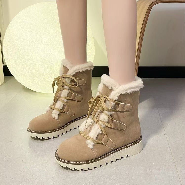 Damen gefütterte Schnürstiefelette mit Kunstfellkragen, elastischen Schlaufendetails und gezahnter Profilsohle – Lioré