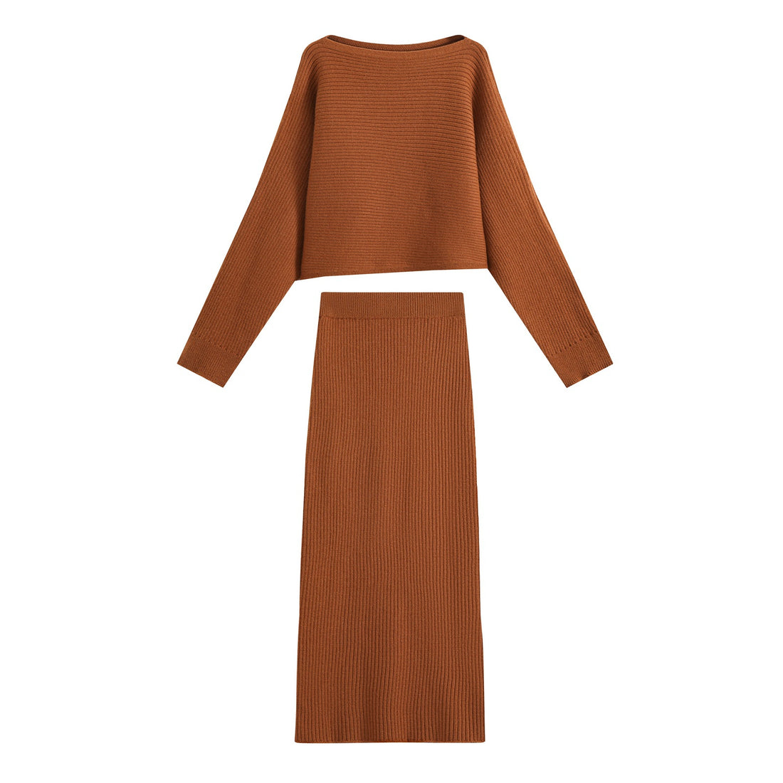 Damen Zweiteiliges Rippstrick-Set mit kurzem Pullover und Midirock Echoarchiv
