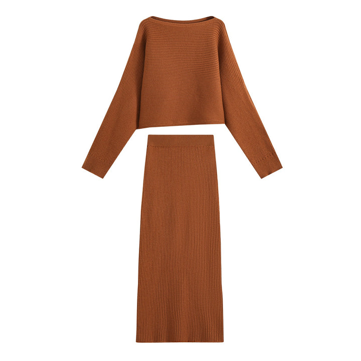 Damen Zweiteiliges Rippstrick-Set mit kurzem Pullover und Midirock Echoarchiv