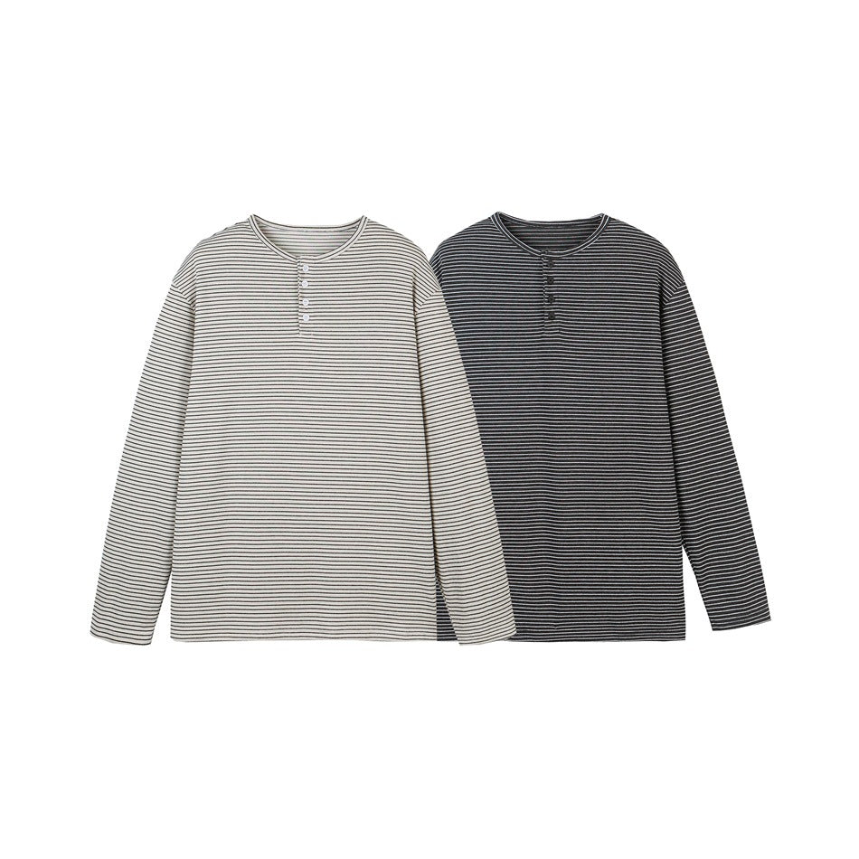 Unisex Gestreiftes Henley-Langarmshirt im Oversize-Relaxed-Schnitt mit Knopfleiste Echoarchiv