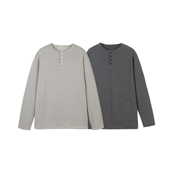 Unisex Gestreiftes Henley-Langarmshirt im Oversize-Relaxed-Schnitt mit Knopfleiste Echoarchiv