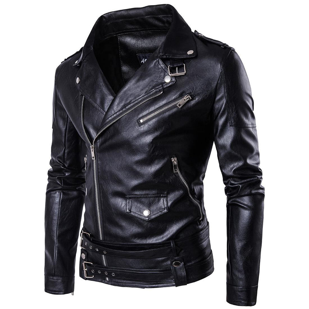 Herren Bikerjacke aus hochwertigem Leder mit asymmetrischem Reißverschluss und dekorativen Schnallen Echoarchiv