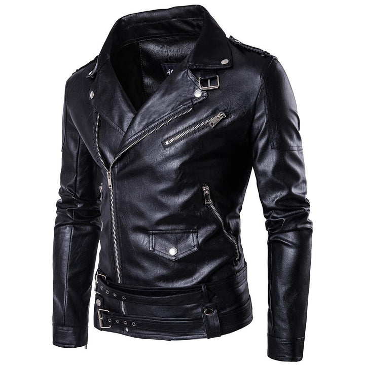 Herren Bikerjacke aus hochwertigem Leder mit asymmetrischem Reißverschluss und dekorativen Schnallen Echoarchiv