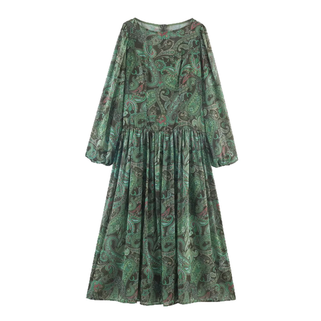 Damen Maxikleid mit Paisley-Print, transparentem Chiffon und Ballonärmeln Echoarchiv