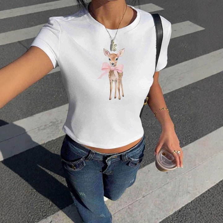 Damen T-Shirt mit süßem Reh-Motiv und farbenfrohem Aufdruck Echo Archiv