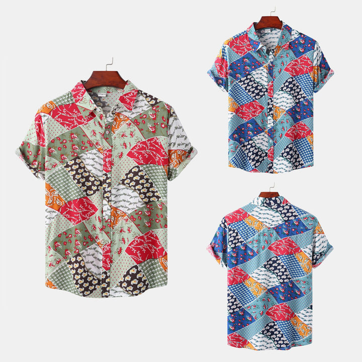 Herren Kurzarmhemd im kreativen Patchwork-Stil mit strukturierten Details Echoarchiv
