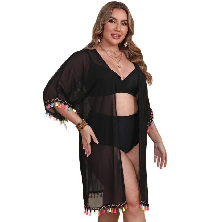 Damen transparenter Strandüberwurf mit buntem Quastenrand Echo Archiv