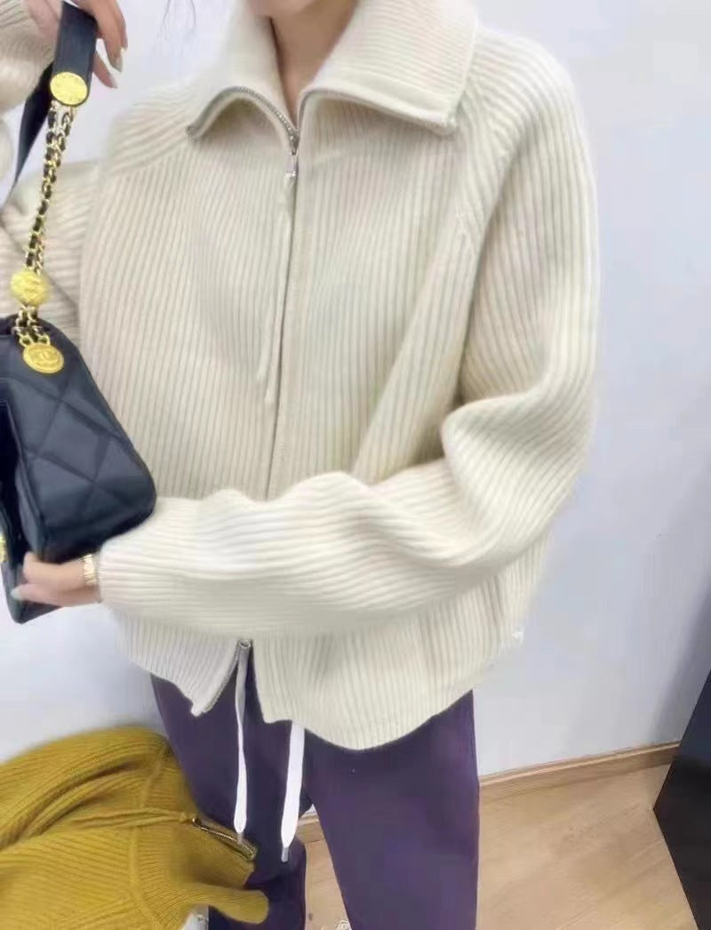 Damen Oversize-Strickjacke mit Reißverschluss, Stehkragen und gerippter Struktur Echoarchiv