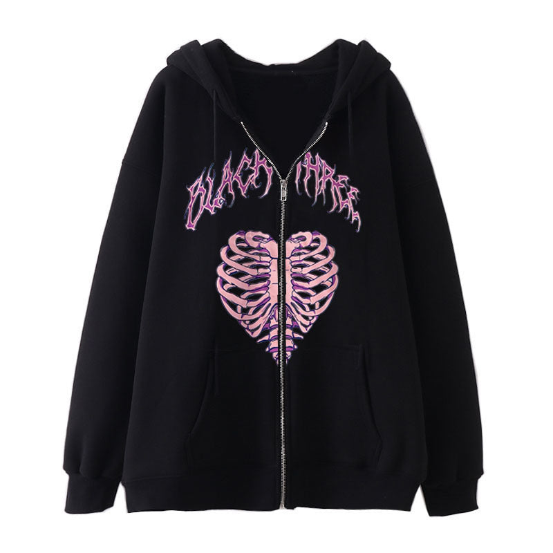 Damen Kapuzenjacke mit durchgehendem Reißverschluss und Rippenherz-Print – Auréline