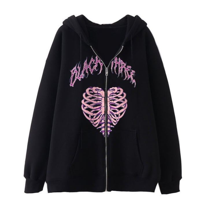 Damen Kapuzenjacke mit durchgehendem Reißverschluss und Rippenherz-Print – Auréline