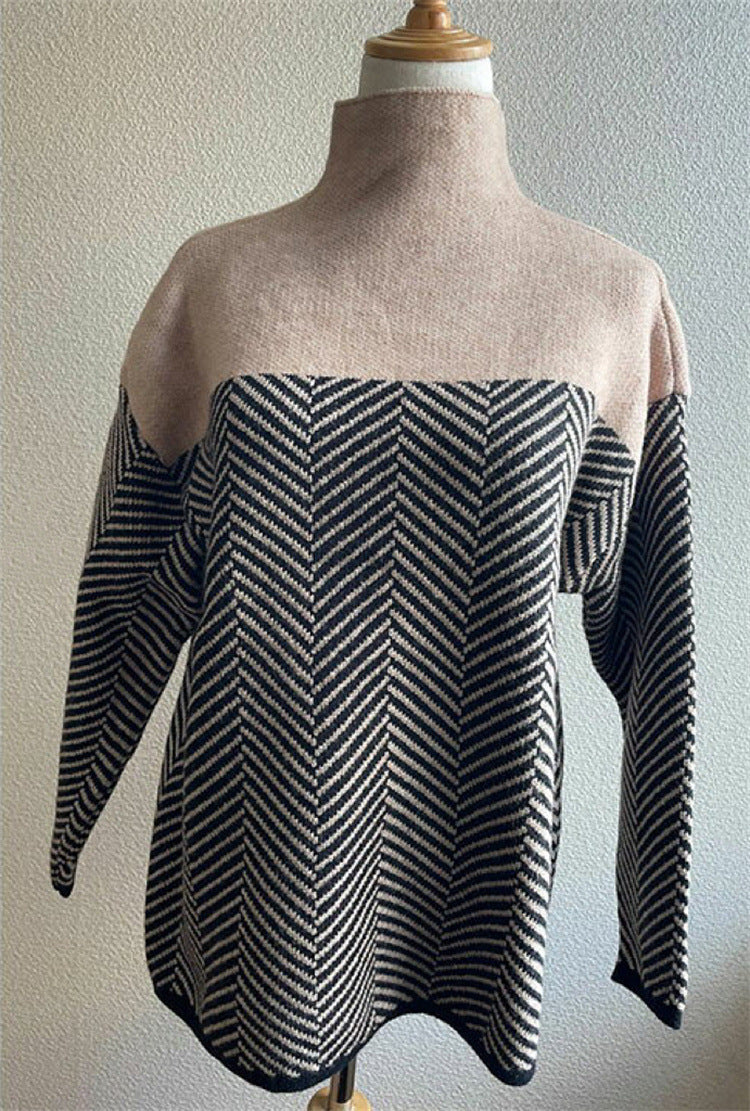 Damen Strickpullover mit Stehkragen und Fischgrätmuster – Mavelle