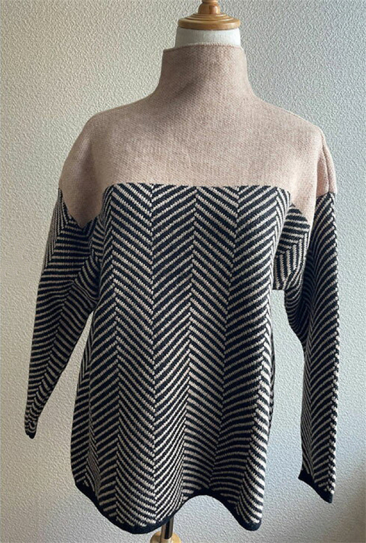 Damen Strickpullover mit Stehkragen und Fischgrätmuster – Mavelle